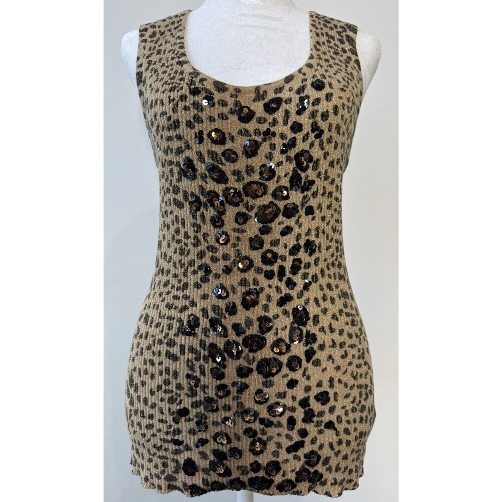 Vintage Cache Brown/Beige Shimmer Leopard Sequin Tank Top Sz M Glam Mob Wife Hot